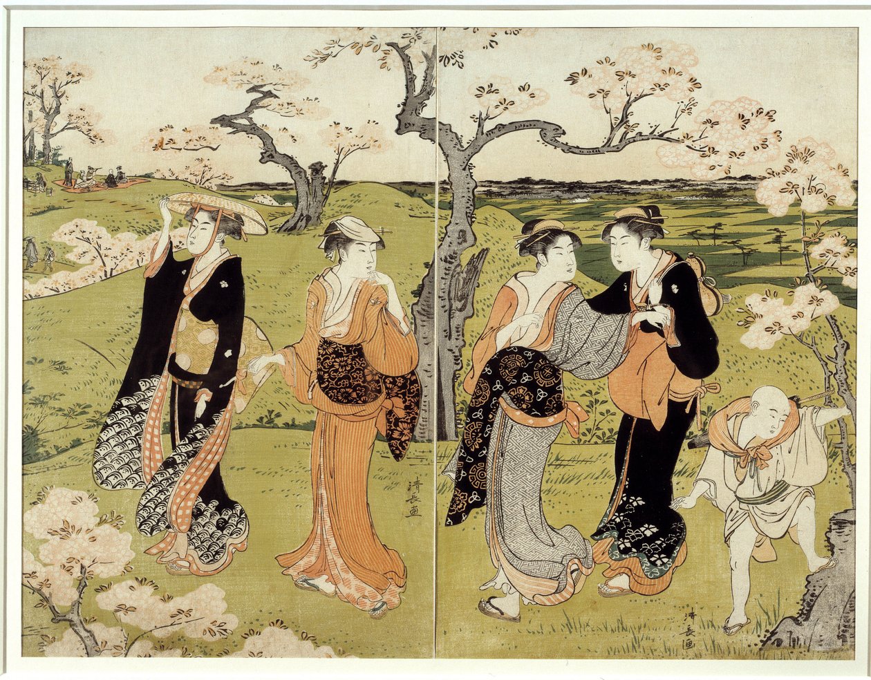 نزهة تحت أزهار الكرز في Assaakayama. طباعة يابانية بواسطة Torii Kiyonaga (1752-1815) ، طراز Ukiyo-E بواسطة توري كيوناجا
