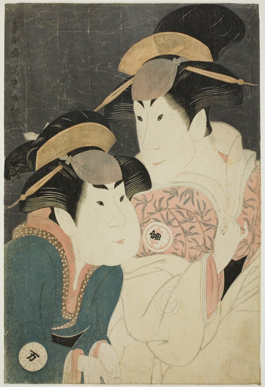 الممثلان Segawa Tomisaburo II (R) في دور Yadorigi ، زوجة Ogishi Kurando ، و Nakamura Manyo (على اليسار) كخادم Wakakusa بواسطة توشوساي شاراكو