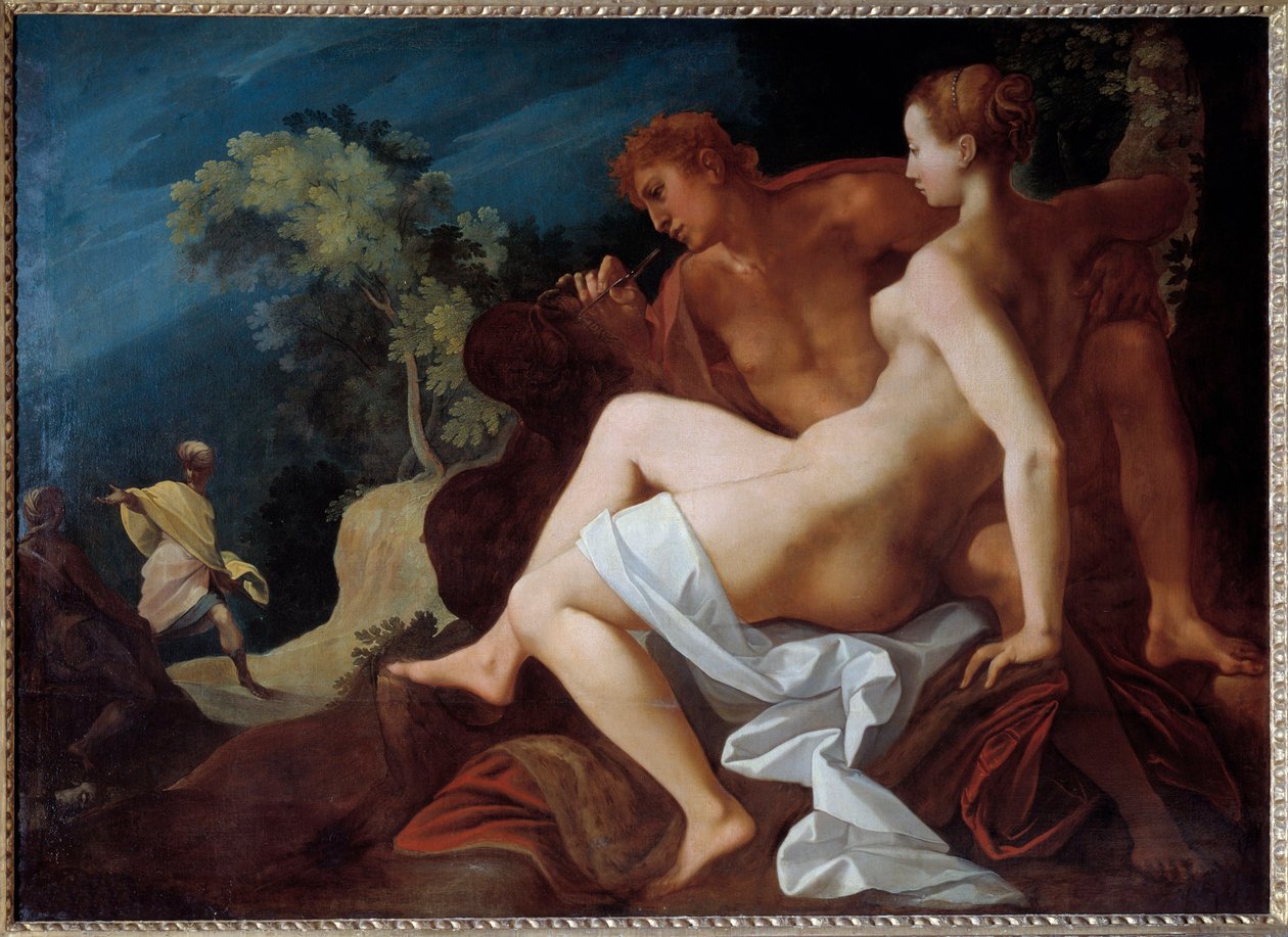 رسم أنجيليك وميدور لـ "" Le Roland Furieux "(Orlando Furioso) بواسطة Ludovic Ariosto (Arioste) يمثل Medor (Medoro) ينقش اسم Angelique (Angelica) ، الذي انضم إليه للتو ، على الصخرة - في الأسفل ، Roland يصل ، co بواسطة توسان دوبريويل