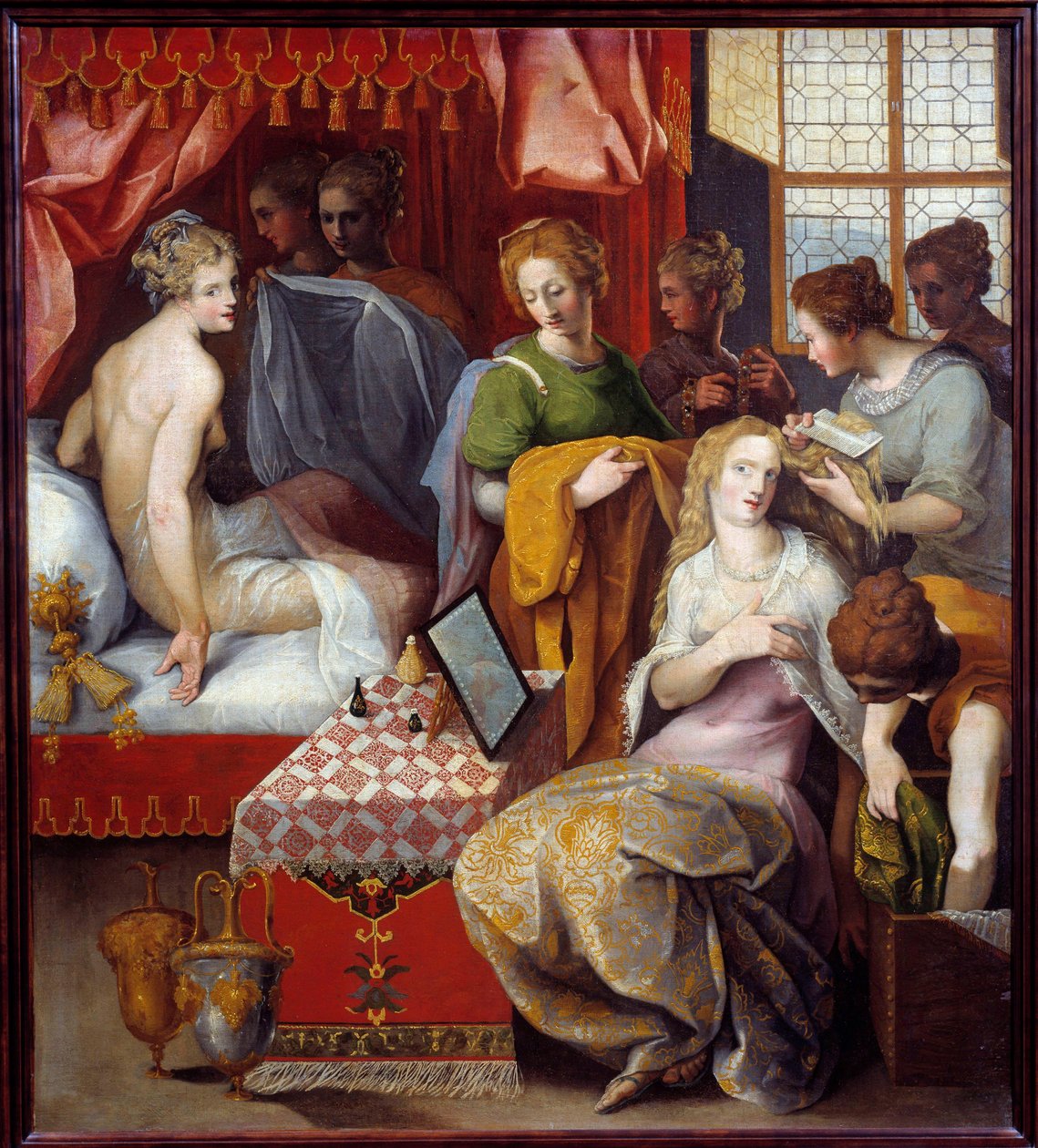 Hyante et Clymene a leur toilette Hyante (Hyanthe) et Clymene ، ابنتان لملك كريت اللذان يعشقان هؤلاء الأبطال ، مشغولون في مرحاضهم للإغواء - رسم توسان دوبرويل (1561-1602) Dim 1 ، 07x0،96 م بواسطة توسان دوبريويل