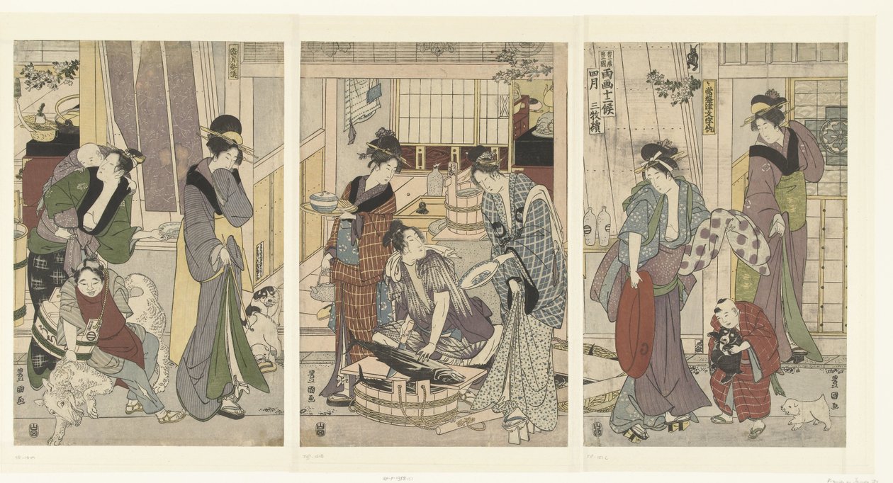 تاجر السمك الشهر الرابع بالثلاثي Yongatsu ، Sanbukutsui (العنوان على الكائن) الاثني عشر شهرًا لـ Toyohiro و Toyokuni (عنوان المسلسل) Toyohiro Toyokuni ryoga Juniko (عنوان السلسلة على الكائن) بواسطة تويوكوني (الثاني) ، أوتاغاوا