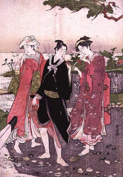 فتاتان وشاب على الشاطئ ، حانة. ج 1780 بواسطة أوتاغاوا تويوكوني