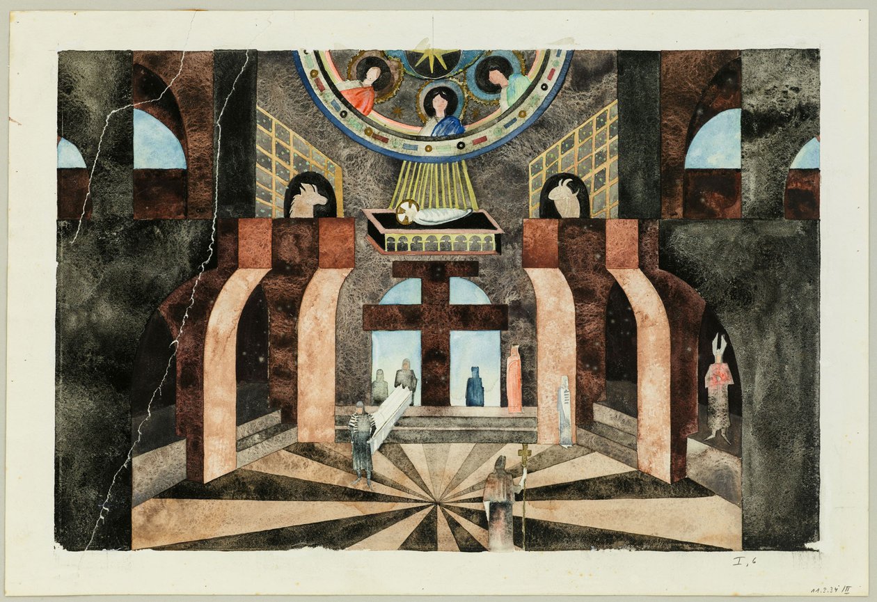 تصميم المسرح لـ Tragedy Die Nibelungen بواسطة فريدريش هيبل ، كاليفورنيا 1934. بواسطة تراوجوت مولر