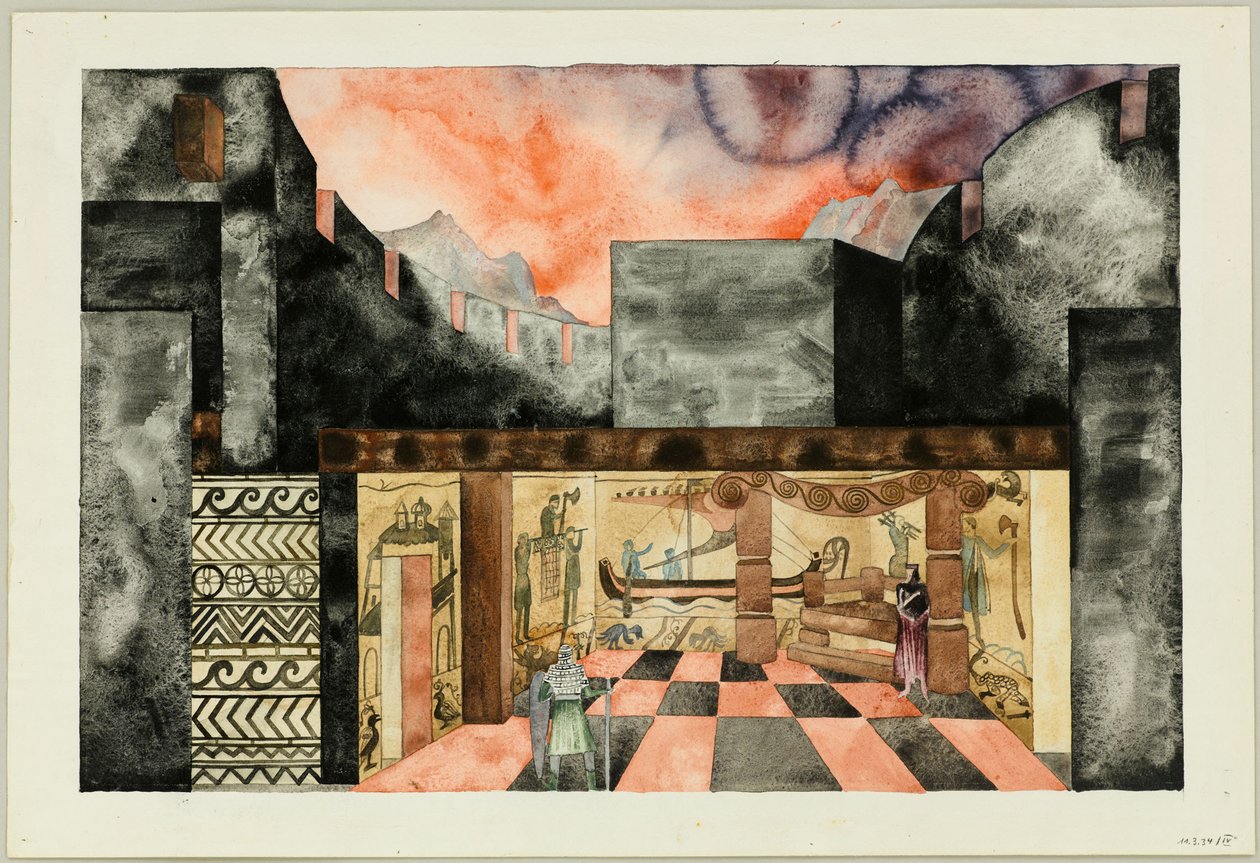 تصميم المسرح لـ Tragedy Die Nibelungen بواسطة فريدريش هيبل ، كاليفورنيا 1934. بواسطة تراوجوت مولر