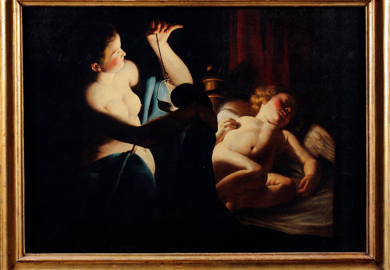 ""Psyche decouvre cupidon"" (Psyche discovers Cupid) Peinture de Trophime (Theophisme) Bigot, dit le maitre a la chandelle (1579-1650) Oil on canvas - Pinacoteca Civica, Teramo بواسطة الكأس التعصب