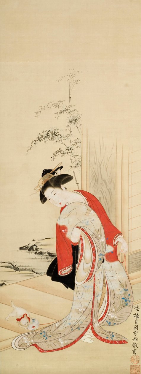 امرأة جميلة تلعب مع القط بواسطة Tsukioka Masanobu Settei