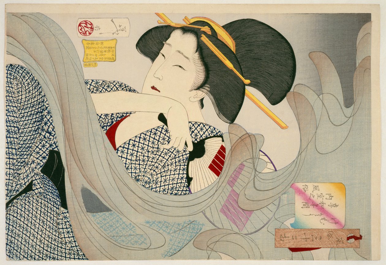 تبحث سموكي. ربة منزل كيوا عصر Kemuso Kyowa nenkan naishitsu no fuzoku ، 1880 (طبعة خشبية) بواسطة تسوكيوكا يوشيتوشي