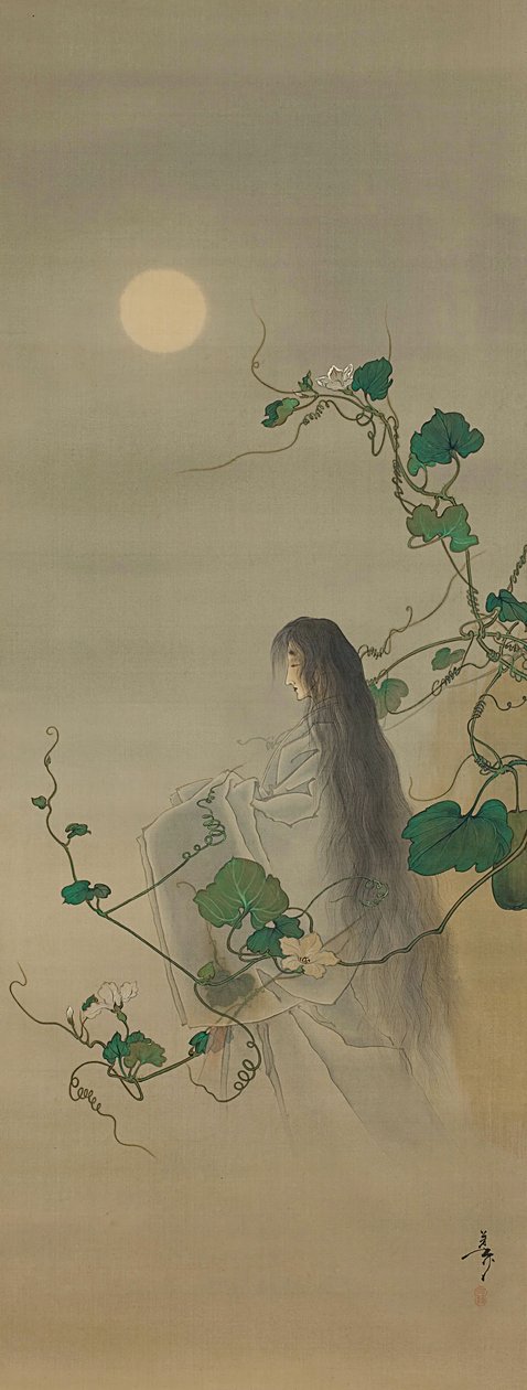 روح المتوفى Yugao المتشابكة في كرمات زهرة القمر ... ، كاليفورنيا. 1892. بواسطة تسوكيوكا يوشيتوشي