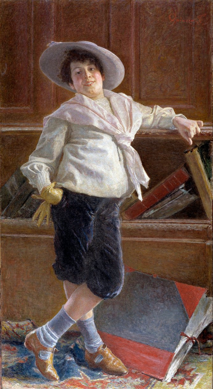 صورة لطفل صغير مبتسم يرتدي سترة بحار لوحة لتوليو سالفاتور كوينزيو (1858-1918) خافت 80x100 سم جينات ، Galleria d