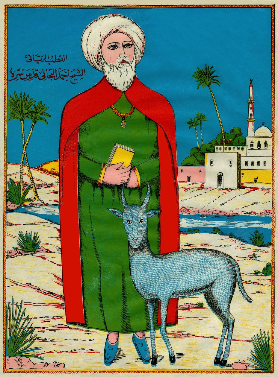 الشيخ سيدي أحمد التيجاني ، مؤسس مصنع المربى السني التيرانية (التيجانية) ، في القرن الثامن عشر. صور رائجة من تونس بواسطة المدرسة التونسية