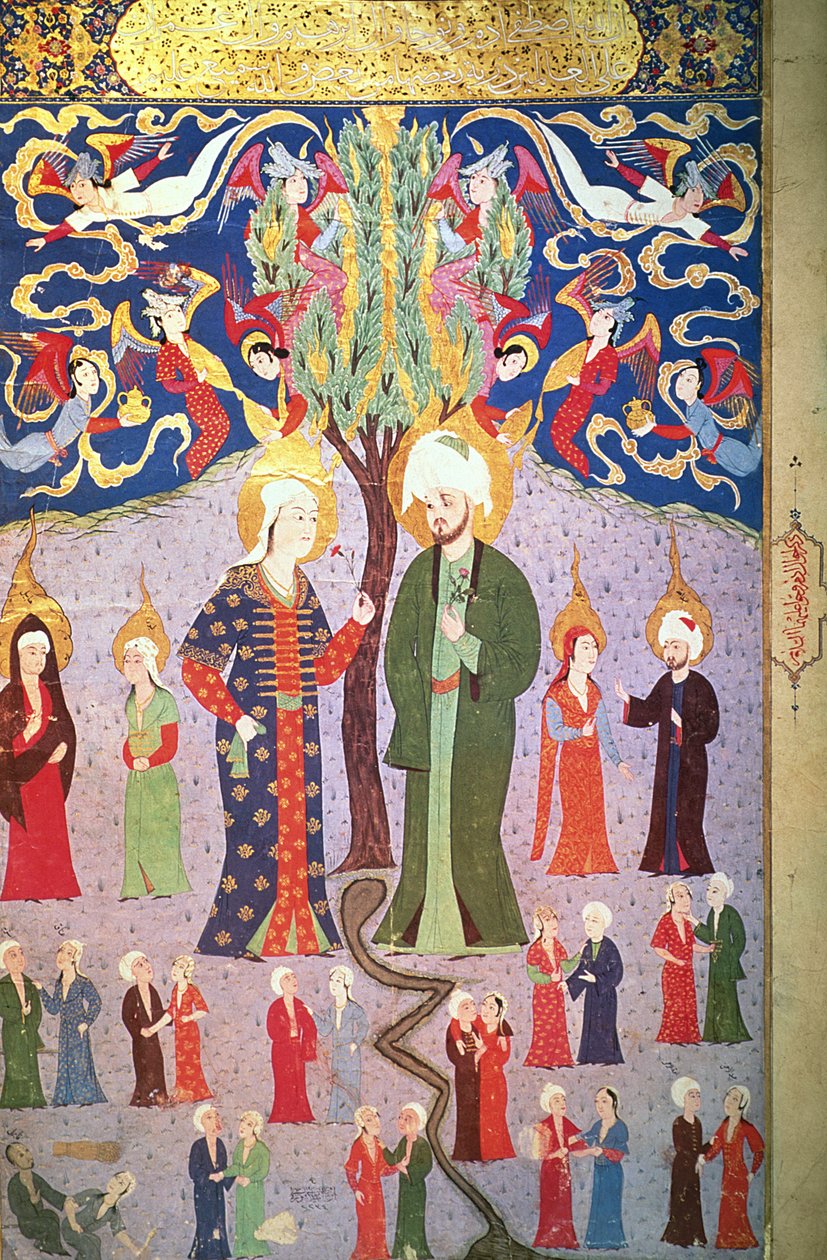 آدم وحواء وتوأمتهما الثلاثة عشر ، من "زبدة تفاريه" لقمان ، 1583 بواسطة المدرسة التركية