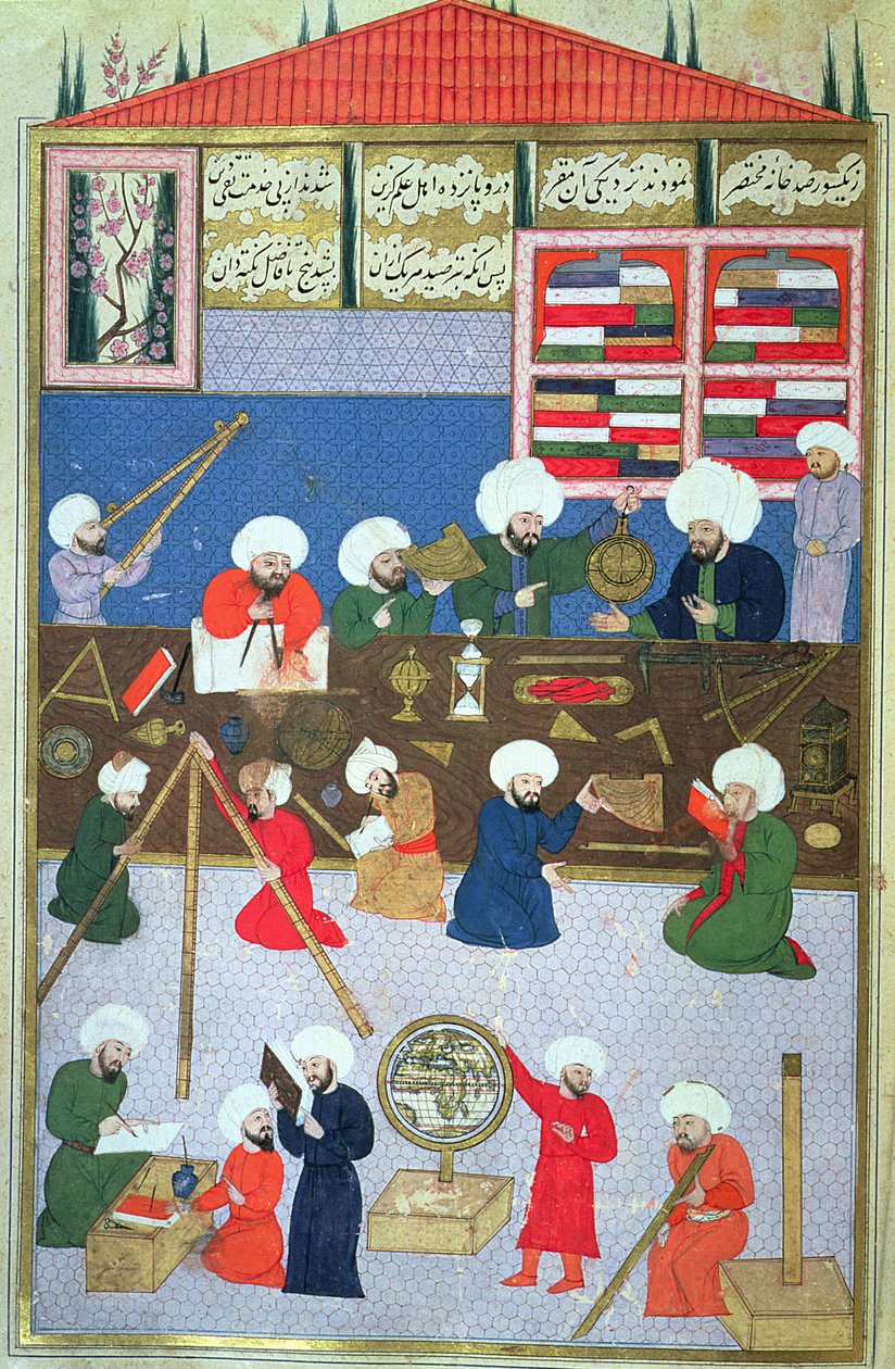 السنة المالية 1404 تقي الدين وعلماء فلك آخرون في مرصد جالاتا أسس في عام 1557 من قبل السلطان سليمان ، من Sehinsahname Murad III ، c.1581 بواسطة المدرسة التركية