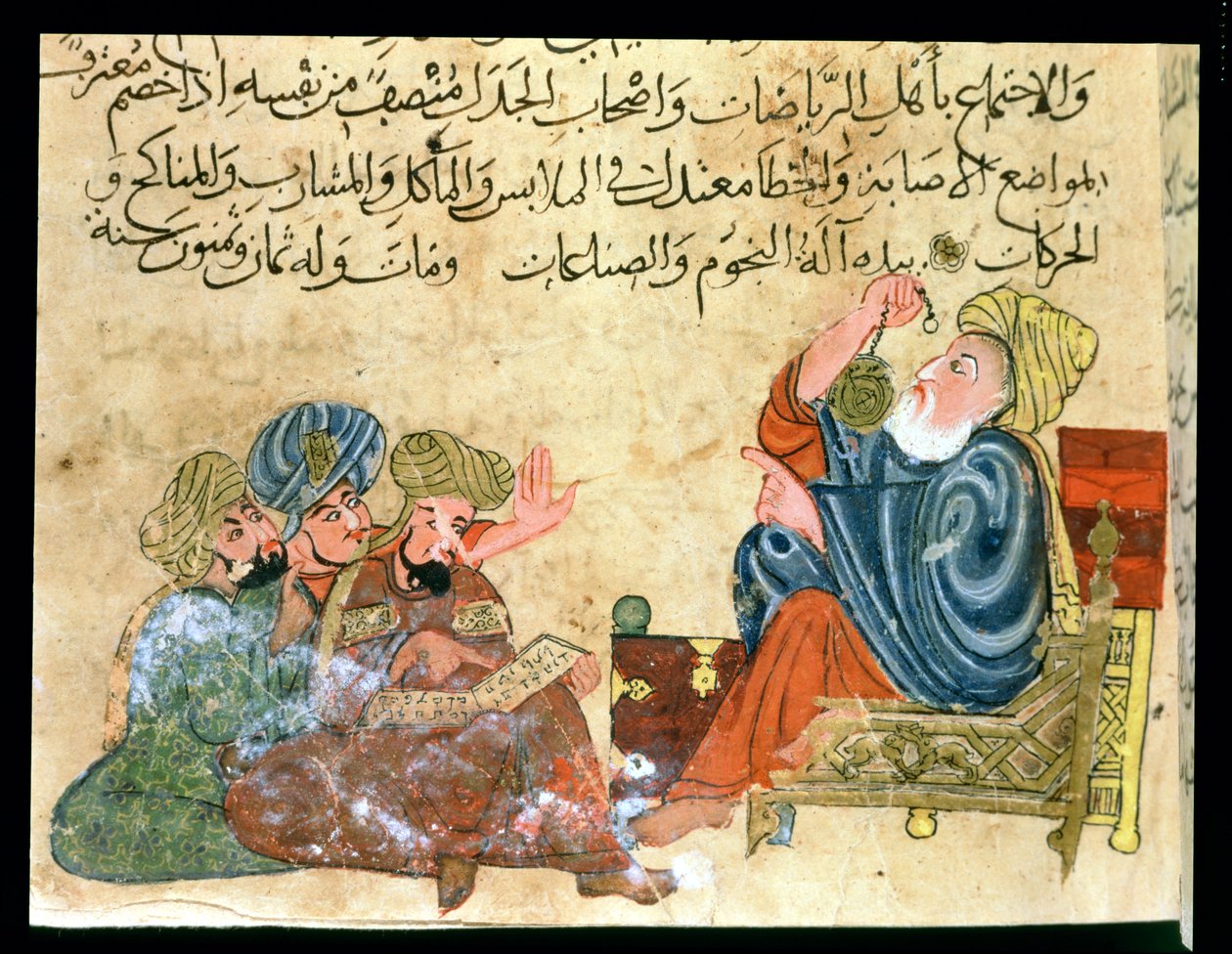 MS Ahmed III 3206 التدريس لأرسطو ، رسم توضيحي من كتاب مختار الحكم ومحاسن الكلام للمباشر (قلم وحبر وجواش على ورق) بواسطة المدرسة التركية