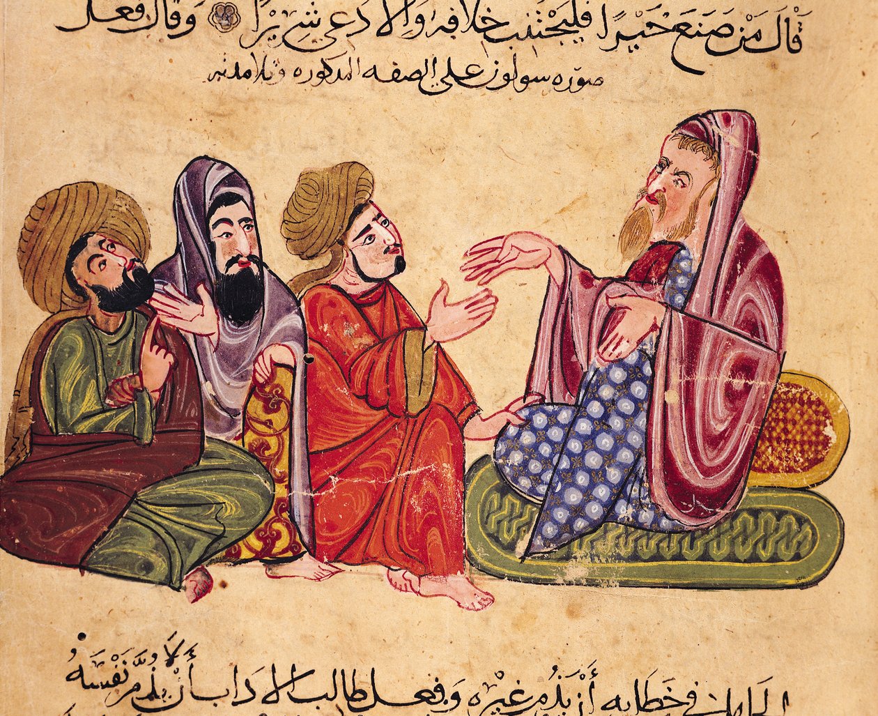 MS Ahmed III 3206 Solon (638-559 قبل الميلاد) التدريس ، الرسم التوضيحي من "كتاب مختار الحكم والمحاسن الكلام" للمباشر (قلم وحبر وجواش على ورق) بواسطة المدرسة التركية