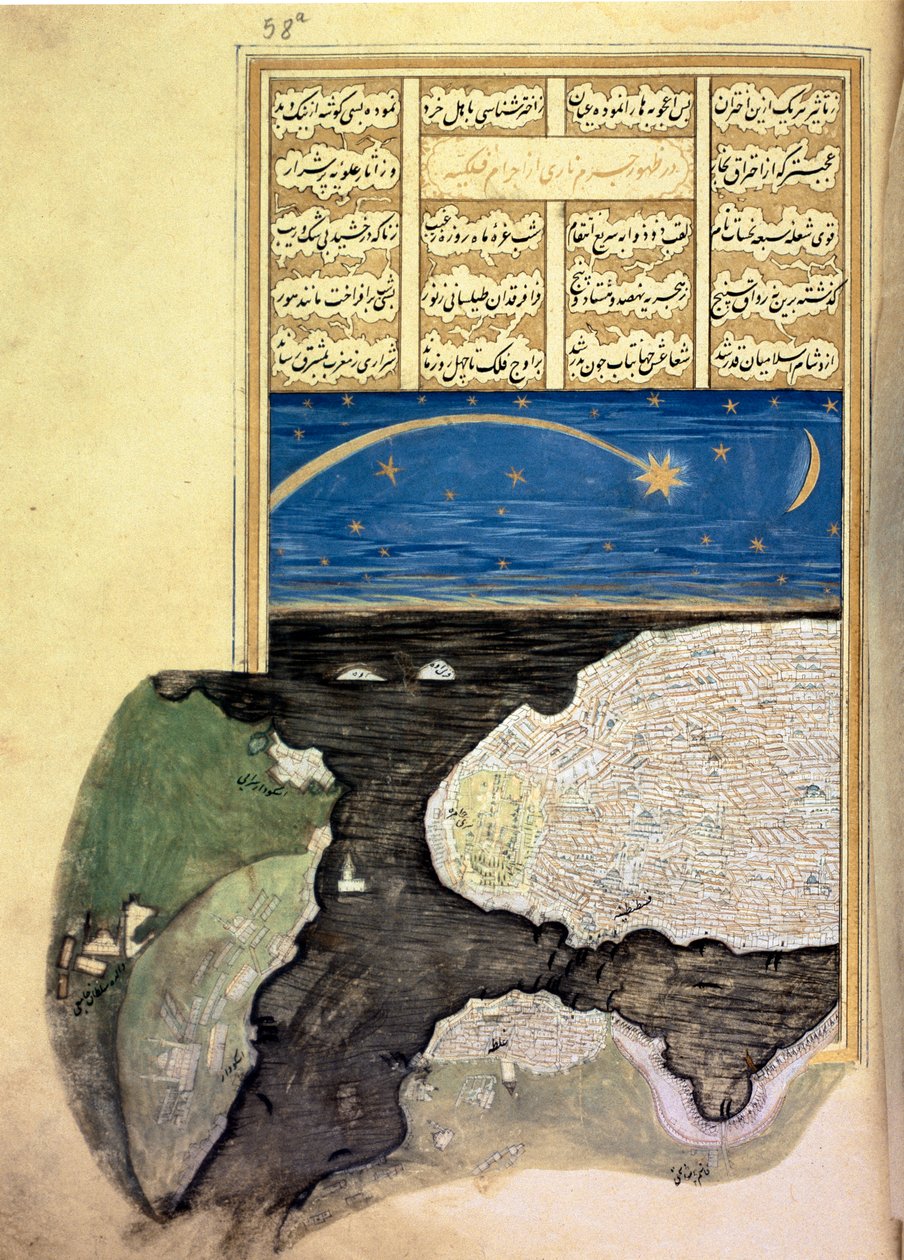 MS FY 1404 f.58a ، المذنب الكبير فوق القرن الذهبي في القسطنطينية ، من Sehinsahname of Murad III ، c.1581 بواسطة المدرسة التركية