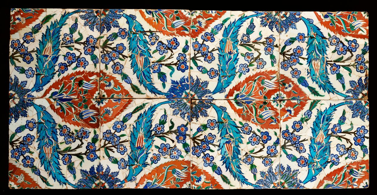 ثمانية بلاطات مربعة من مركب إزنيق متعدد الألوان ، حوالي 1575 بواسطة المدرسة التركية