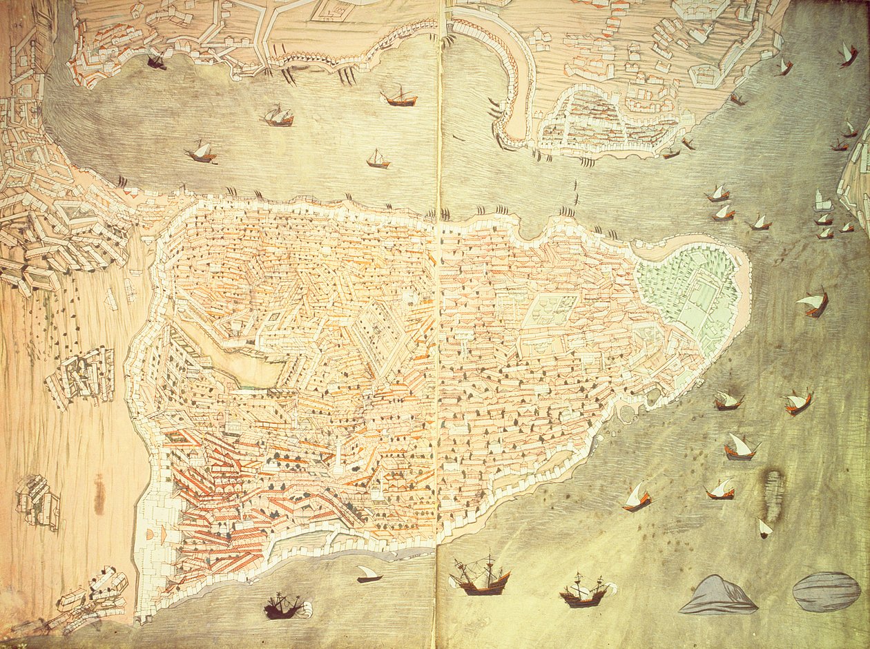 H 1523 fol.158v-159r منظر لإسطنبول ومضيق البوسفور ، من "اسم المستخدم" بواسطة Lokman ، 1558 (قلم جاف وحبر وجواش على الورق) (انظر 181495 لمزيد من التفاصيل) بواسطة المدرسة التركية