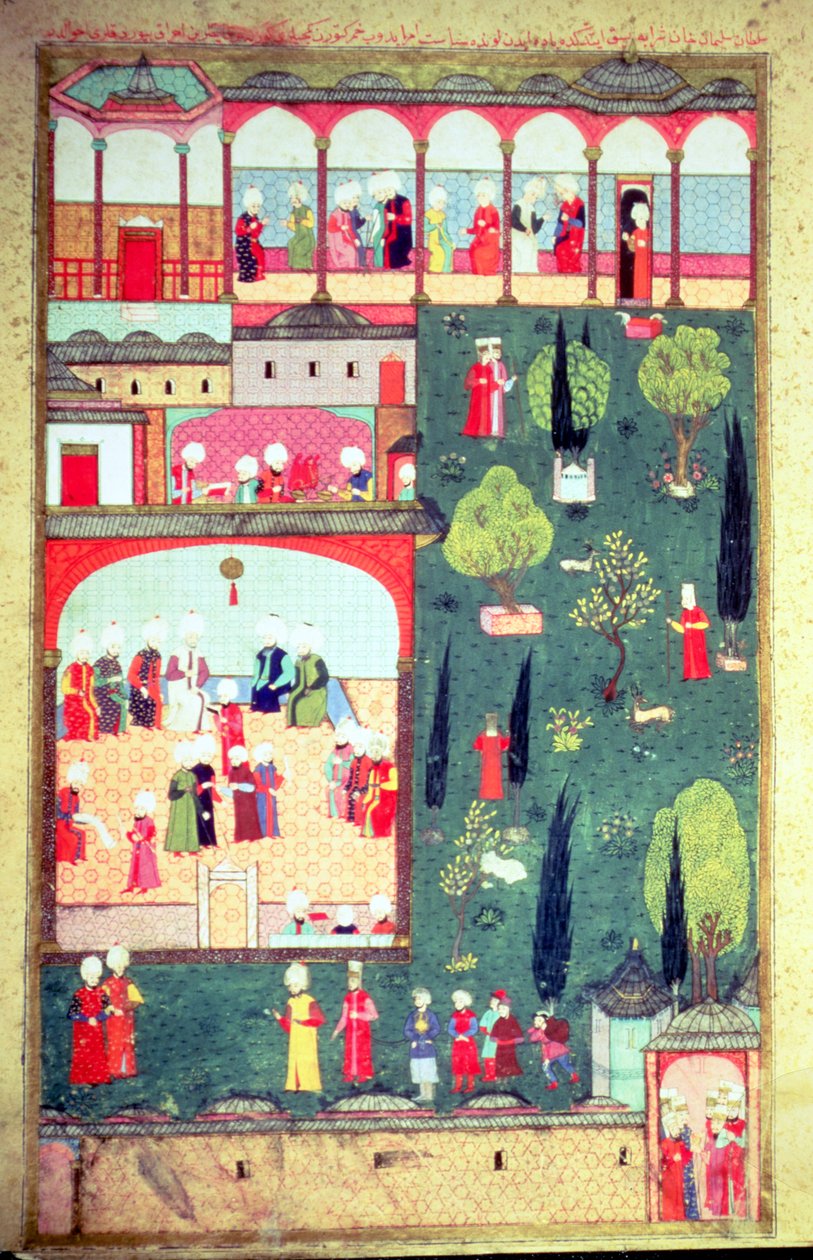 H 1524 f.242r مجلس الوزراء في قصر توبكابي ، من "اسم المستخدم" بواسطة لقمان ، 1588 بواسطة المدرسة التركية