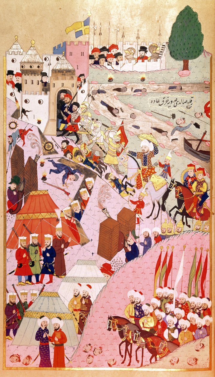 الهجوم على بلغراد السلطان محمد الثاني "الفاتح" (1432-1481) ، من "هونرناما" (Mss Hazine. 1524) بواسطة المدرسة التركية