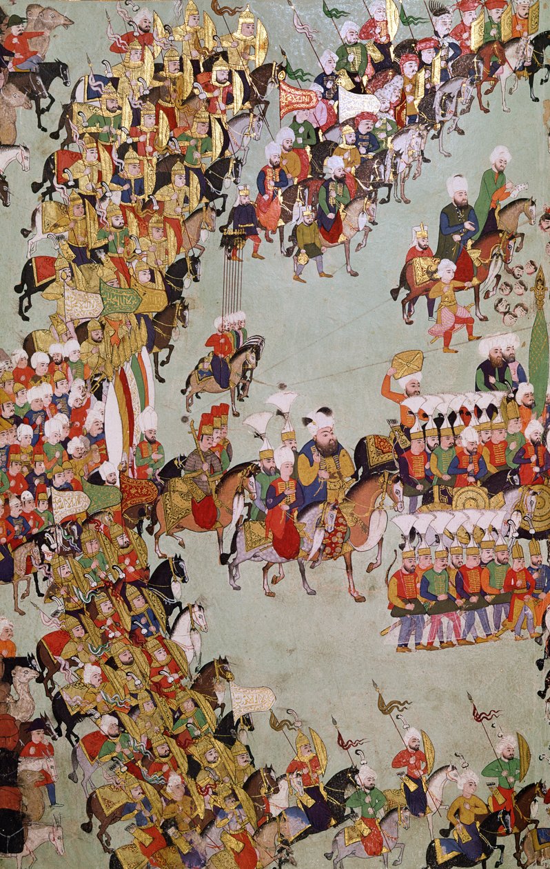 غزو إيجر ، من Egri Fetihnamesi (الحبر والمرحاض وورقة الذهب على الرق) بواسطة المدرسة التركية