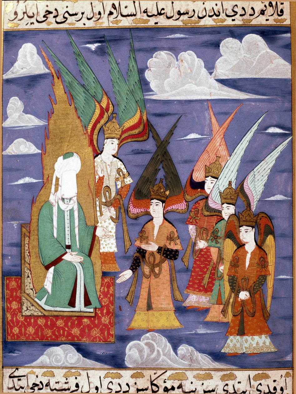 النبي محمد (محمد أو محمد) (570-632) (مغطى الوجه) خلال رحلته الليلية المصغرة في القرن الثامن عشر الفارسية. متحف توبكابي اسطنبول تركيا بواسطة المدرسة التركية