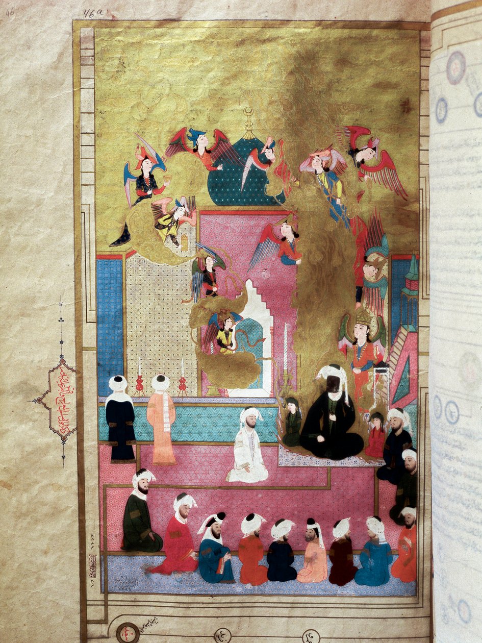 النبي محمد (محمد أو محمد) (570-632) (وجهه مغطى) أثناء المعصرة ، صعوده إلى السماء السابعة ، منمنمة من مخطوطة "زبدة الطوارخ" (أو زبدة الطوارخ) للمؤرخ سيد لقمان عاشوري تحت ريم مراد الثالث (1 بواسطة المدرسة التركية