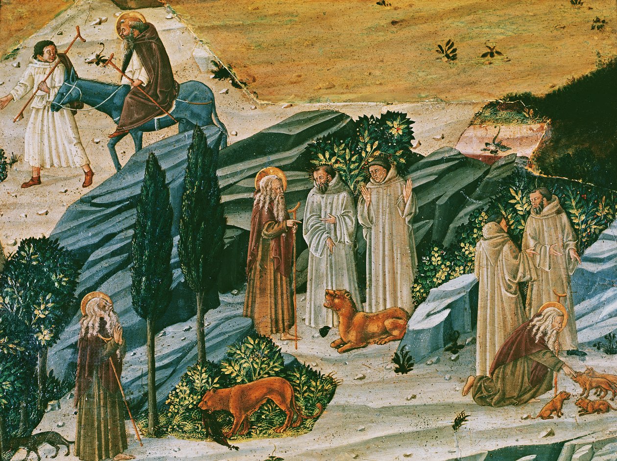 القديس جيراسيموس في صحراء طيبة مع الأسد الذي روضه بإزالة شوكة من مخلبه ، 1440 (درجة الحرارة على اللوحة) بواسطة مدرسة توسكان