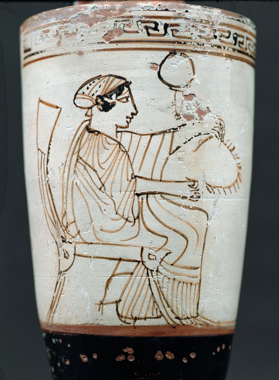العلية lekythos أرضية بيضاء تصور امرأة تضرب إكليل ، c.475-420 قبل الميلاد (الفخار) بواسطة رسام تيمبوس