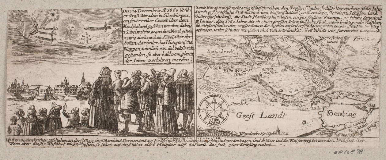 المذنب الذي ظهر في Grossvardein ، Sibenbürgen ، 14 ديسمبر 1660 ، بالإضافة إلى خريطة خاصة به بالقرب من هامبورغ أثناء عاصفة العاصفة في 4 يناير 1661 بواسطة إعتراف