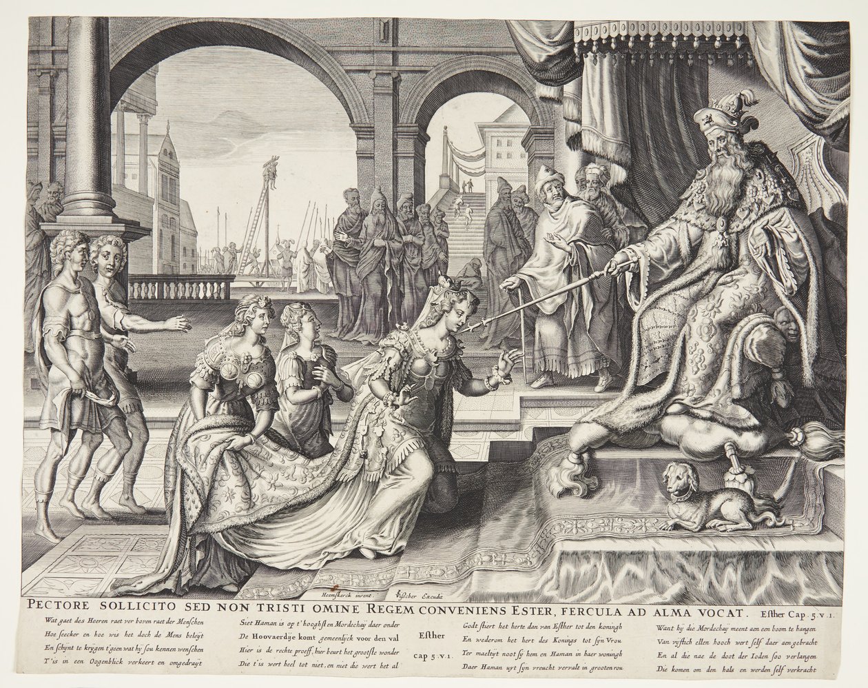استير امام احشويروش تدعوه الى وليمة بواسطة Ubekendt efter Philips Galle efter forlæg af Maarten van Heemskerck