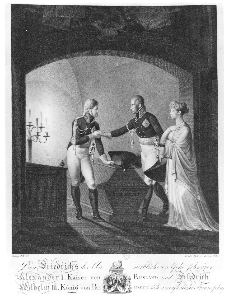 بالقرب من رماد فريدريك الثاني العظيم بروسيا (1712-1786) ، القيصر ألكسندر الأول (1777-1825) والملك فريدريش فيلهلم الثالث من بروسيا (1770-1840) يقسمان الصداقة الخالدة ، في بوتسدام في الليل بواسطة أولريش لودفيغ وولف