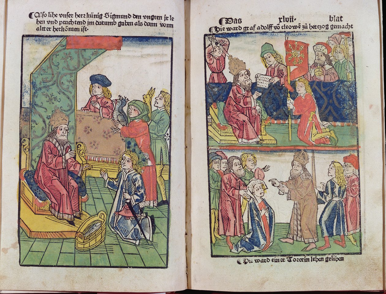 الإمبراطور سيجيسموند (1367-1437) من لوكسمبورغ يتلقى تكريمًا لرعاياه المجريين ، 1483 ، (قطع خشبية ملونة) (انظر أيضًا 336923) بواسطة أولريش فون ريتشينتال