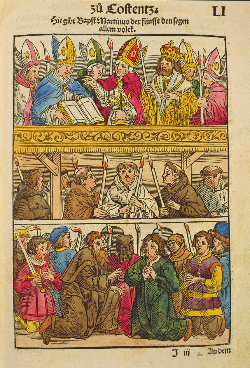 يتم انتخاب مارتن الخامس البابا ويبارك الشعب في مجلس كونستانس ، 1417 ، من "Chronik des Konzils von Konstanz" بواسطة أولريش فون ريتشينتال