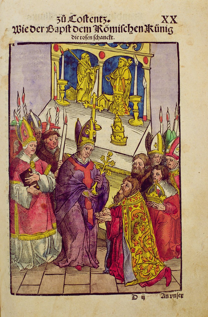 البابا مارتن الخامس يعطي Sigismund هدية رمزية من الوردة الذهبية في مجلس كونستانس ، من "Chronik des Konzils von Konstanz" بواسطة أولريش فون ريتشينتال
