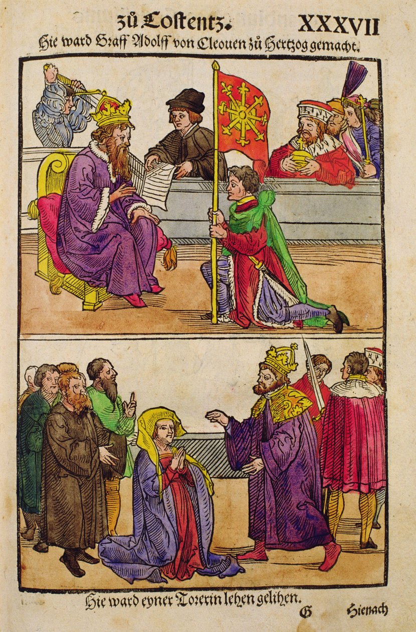 سيجيسموند يرفع الكونت أدولف كليفز إلى رتبة دوق في مجلس كونستانس ، من "Chronik des Konzils von Konstanz" بواسطة أولريش فون ريتشينتال