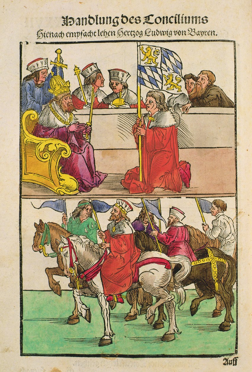 دوق بايرن يتسلم حقوقه الإقطاعية من الإمبراطور في مجلس كونستانس ، من "Chronik des Konzils von Konstanz" بواسطة أولريش فون ريتشينتال
