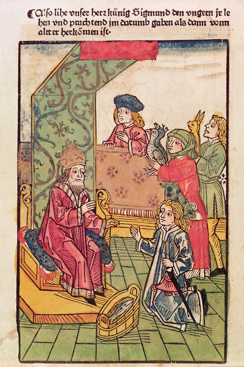 الإمبراطور سيجيسموند (1367-1437) من لوكسمبورغ يتلقى تكريمًا لرعاياه المجريين ، 1483 ، (قطع خشبية ملونة) (انظر أيضًا 316982) بواسطة أولريش فون ريتشينتال