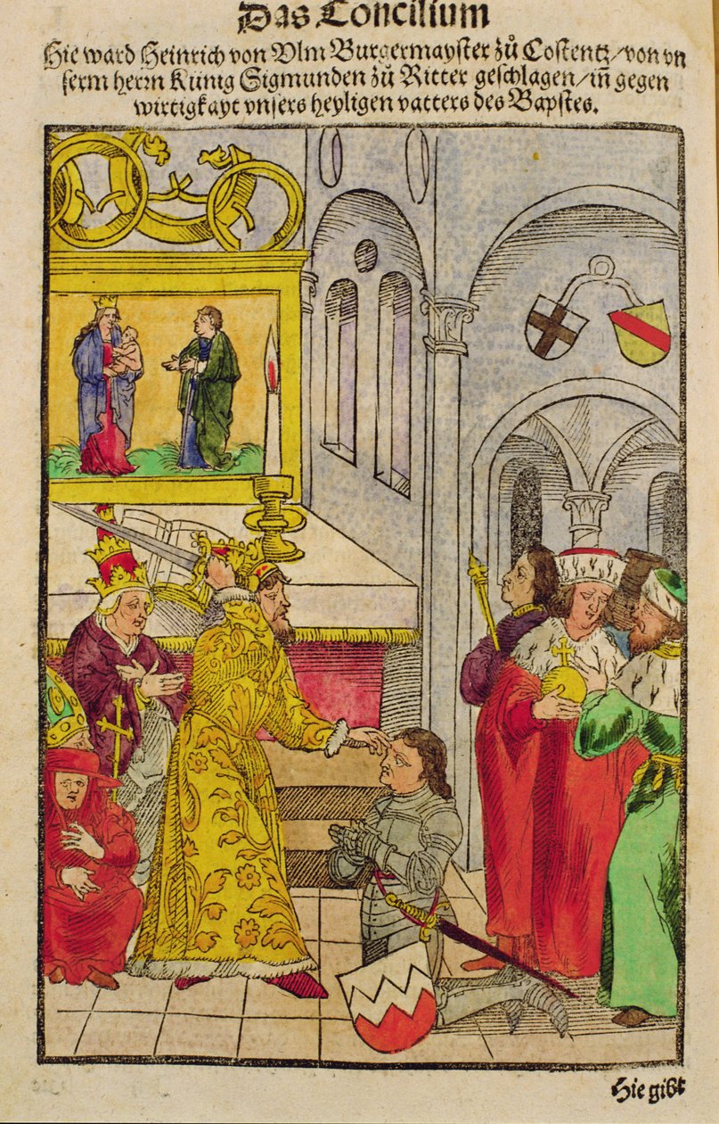 هنري أولم يمنح لقب فارس من قبل الإمبراطور في مجلس كونستانس ، من "Chronik des Konzils von Konstanz" بواسطة أولريش فون ريتشينتال