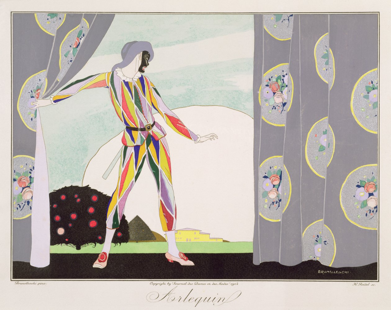 Arlequin ، من طبعة "أقنعة وشخصيات المسرح الإيطالي" Le Journal des Dames et des Modes ، نقش بواسطة Henri Reidel (fl. 1914-20) 1914 (litho litho) بواسطة أومبرتو (بعد) برونليسكي