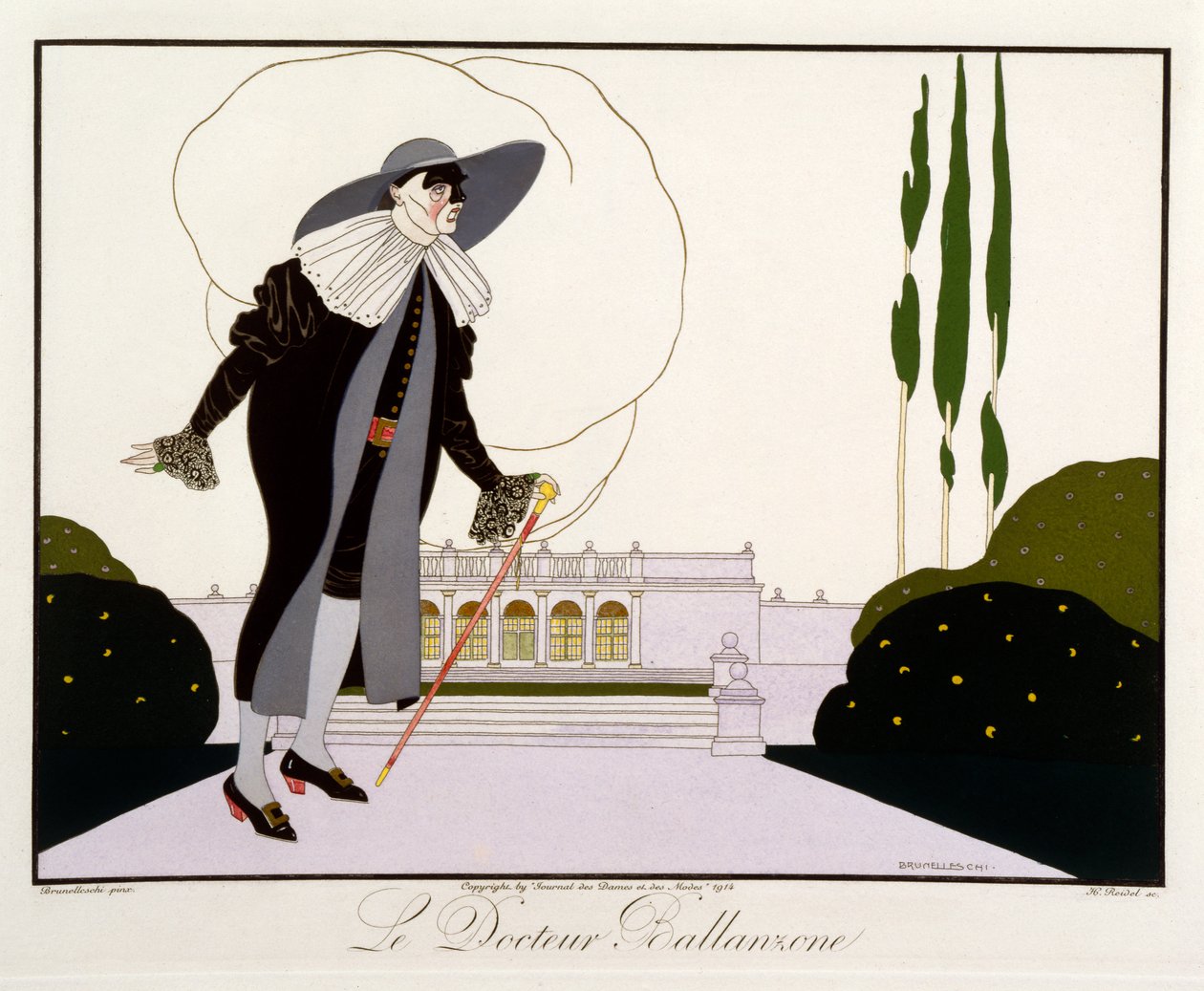 دكتور بلانزون ، من طبعة "أقنعة وشخصيات المسرح الإيطالي" من Le Journal des Dames et des Modes ، نقش بواسطة Henri Reidel (fl.1914-20) 1914 (litho litho) بواسطة أومبرتو (بعد) برونليسكي