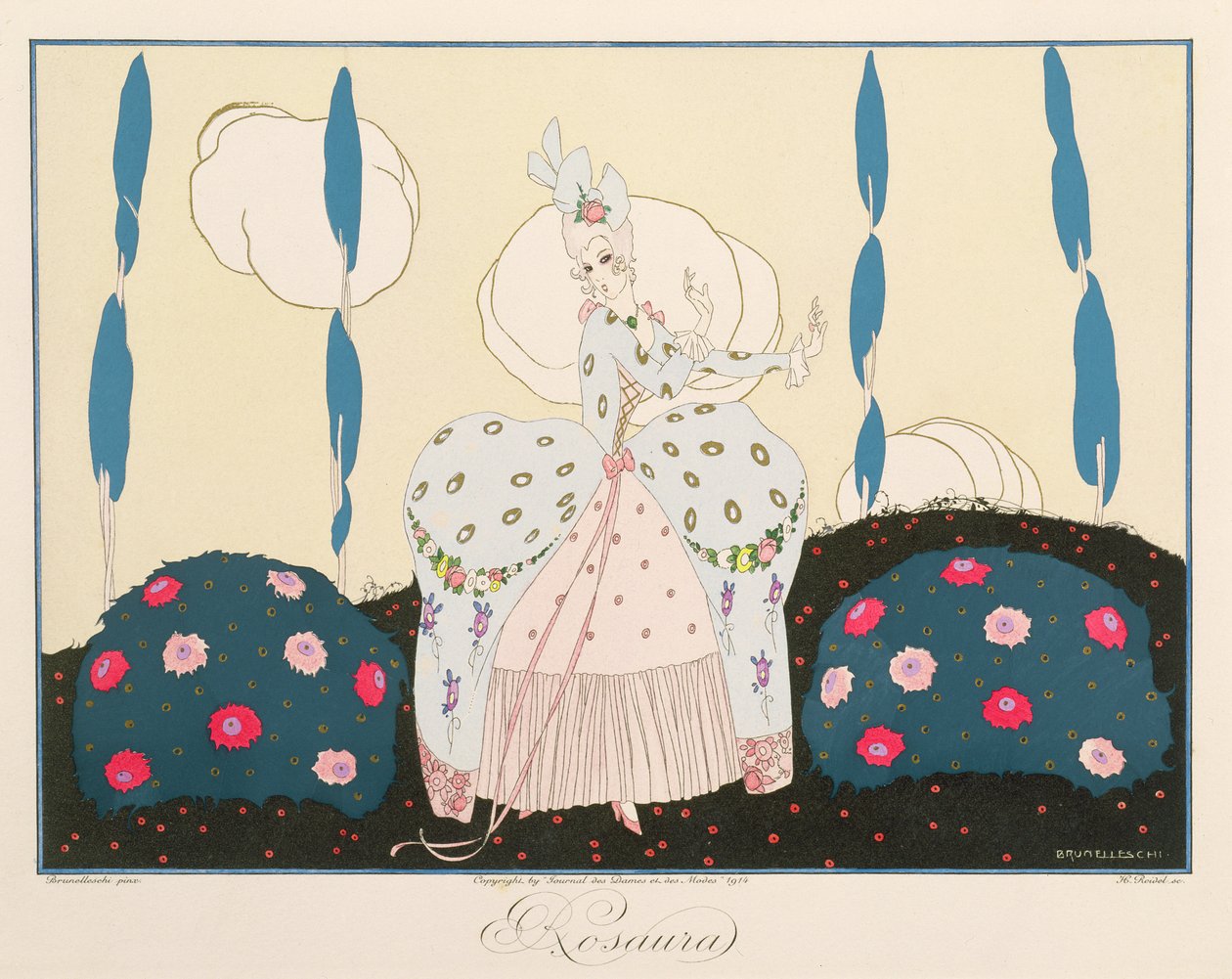 Rosaura ، من "أقنعة وشخصيات المسرح الإيطالي" طبعة Le Journal des Dames et des Modes ، نقش بواسطة Henri Reidel (fl. 1914-20) 1914 (litho litho) بواسطة أومبرتو (بعد) برونليسكي
