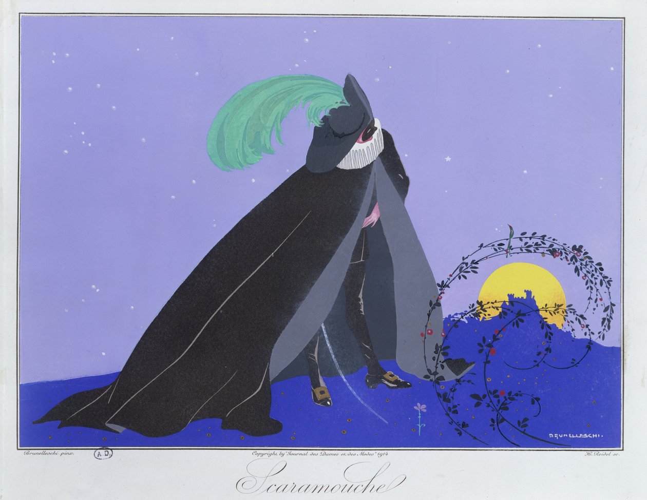 Scaramouche، من طبعة "أقنعة وشخصيات المسرح الإيطالي" من Le Journal des Dames et des Modes، نقشها هنري ريدل (fl.1914-20) 1914 (ليثو ملون) بواسطة أومبرتو (بعد) برونليسكي