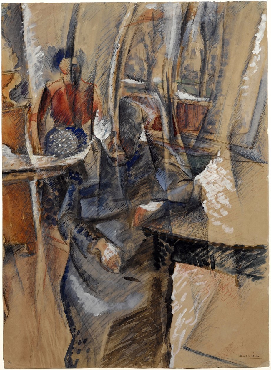 داخلي بشخصيتين أنثويتين على قدم المساواة Boccioni ، أمبرتو (1882-1916). ألوان مائية وتمبرا على ورق ، الحجم: 65.4x47.5 بواسطة Umberto Boccioni
