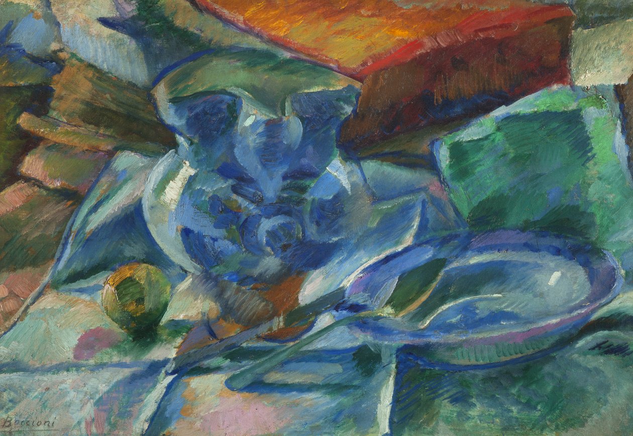الحياة الساكنة من الفخار وأدوات المائدة والفواكه ، 1915 بواسطة Umberto Boccioni