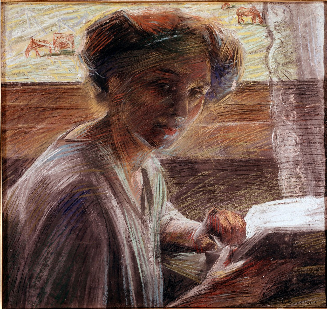 صورة لأخت الرسام تقرأ لوحة باستيل بواسطة أومبرتو بوتشيوني (1882-1916) 1908 صن. 54x58 سم البندقية ، Galleria d