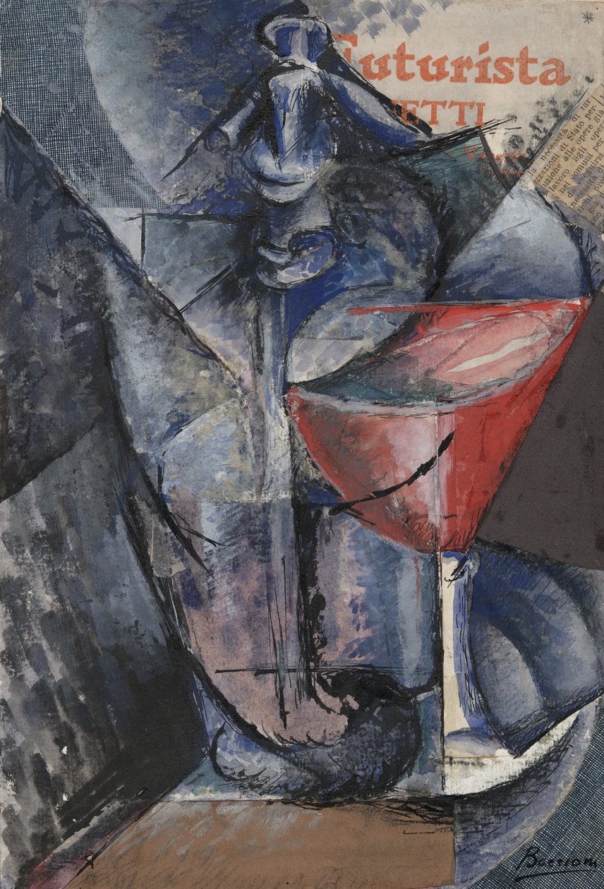 الحياة الساكنة: Glass and Siphon، c.1914 (Collage، gouache، pen and ink) بواسطة Umberto Boccioni