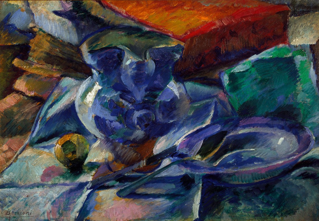 لا تزال الحياة مع رسم إبريق ووعاء وأدوات المائدة بواسطة أومبرتو بوتشيوني (1882-1916) 1916 خافت. 35x50 سم ميلانو ، Civico Museo d'Arte Contemporanea بواسطة Umberto Boccioni