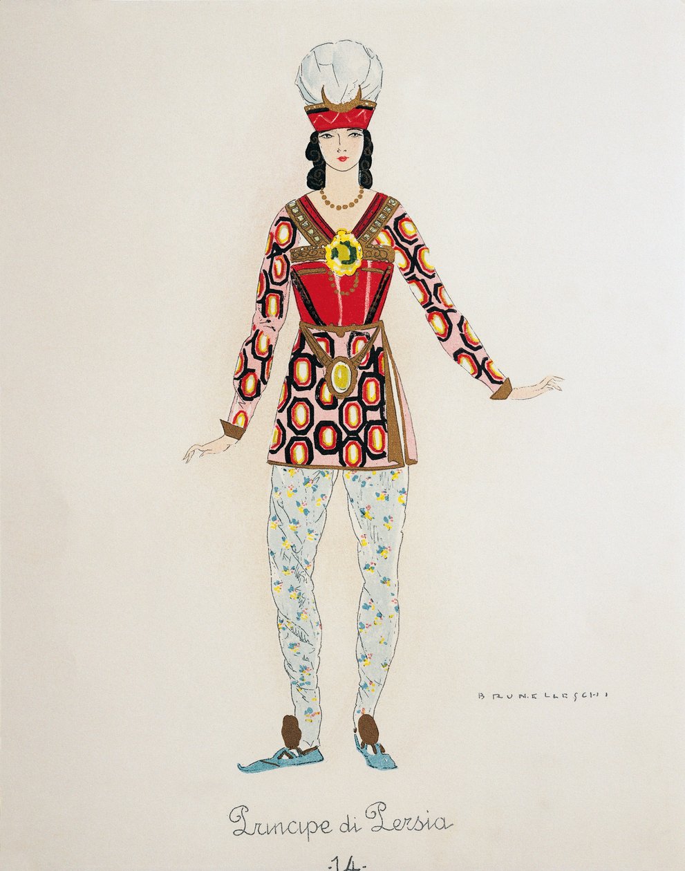 زي لأمير بلاد فارس من توراندوت بقلم جياكومو بوتشيني ، رسم تخطيطي لأومبرتو برونليسكي (1879-1949) للأداء الأول للأوبرا في تياترو ألا سكالا في ميلانو ، 25 أبريل بواسطة أومبرتو برونليسكي