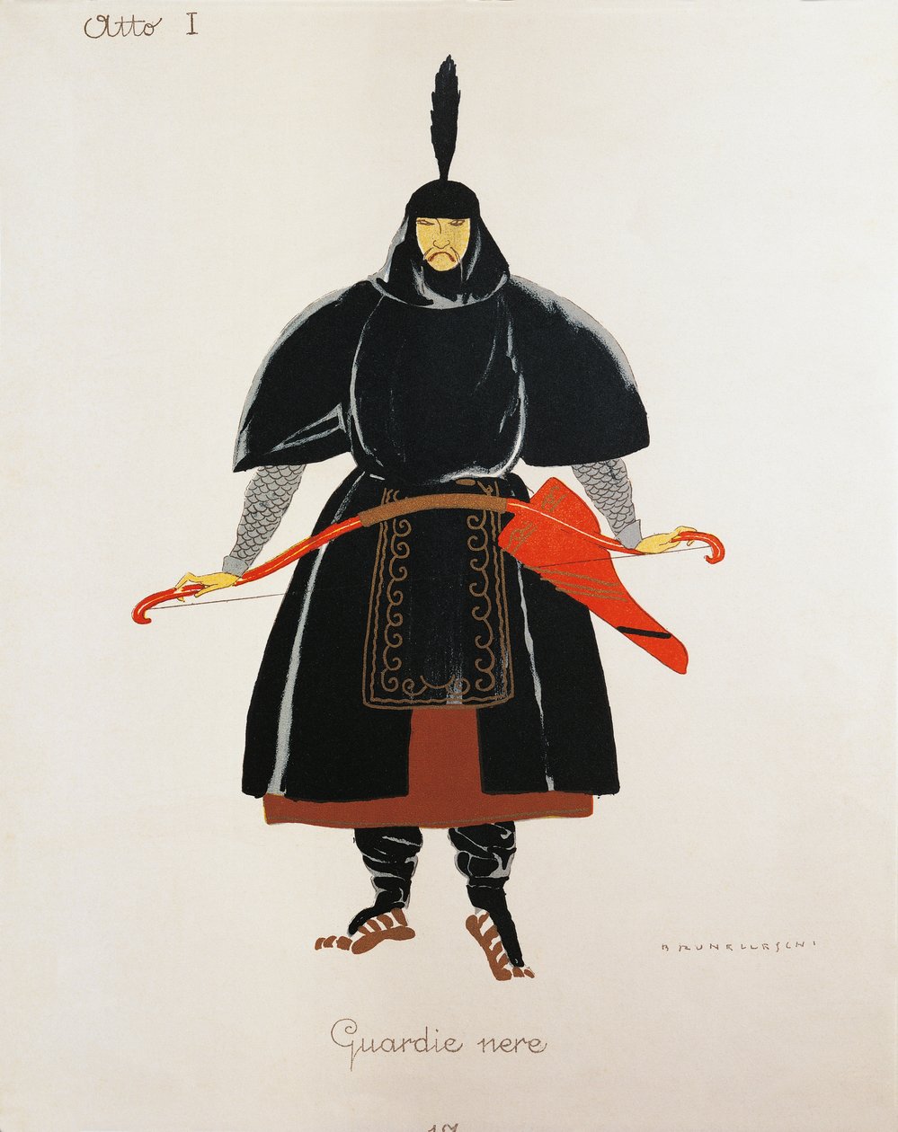 زي للحراس السود من توراندوت بقلم جياكومو بوتشيني ، رسم تخطيطي لأومبرتو برونليسكي (1879-1949) للأداء الأول للأوبرا في تياترو ألا سكالا في ميلانو ، 25 أبريل بواسطة أومبرتو برونليسكي