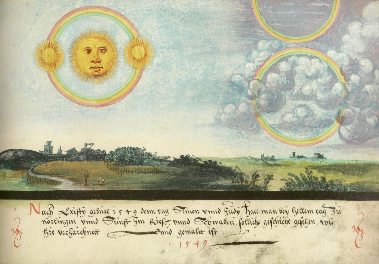 Augsburger Wunderzeichenbuch - الورقة 165: خمس شموس فوق لايبزيغ 1551 بواسطة غير معروف غير معروف